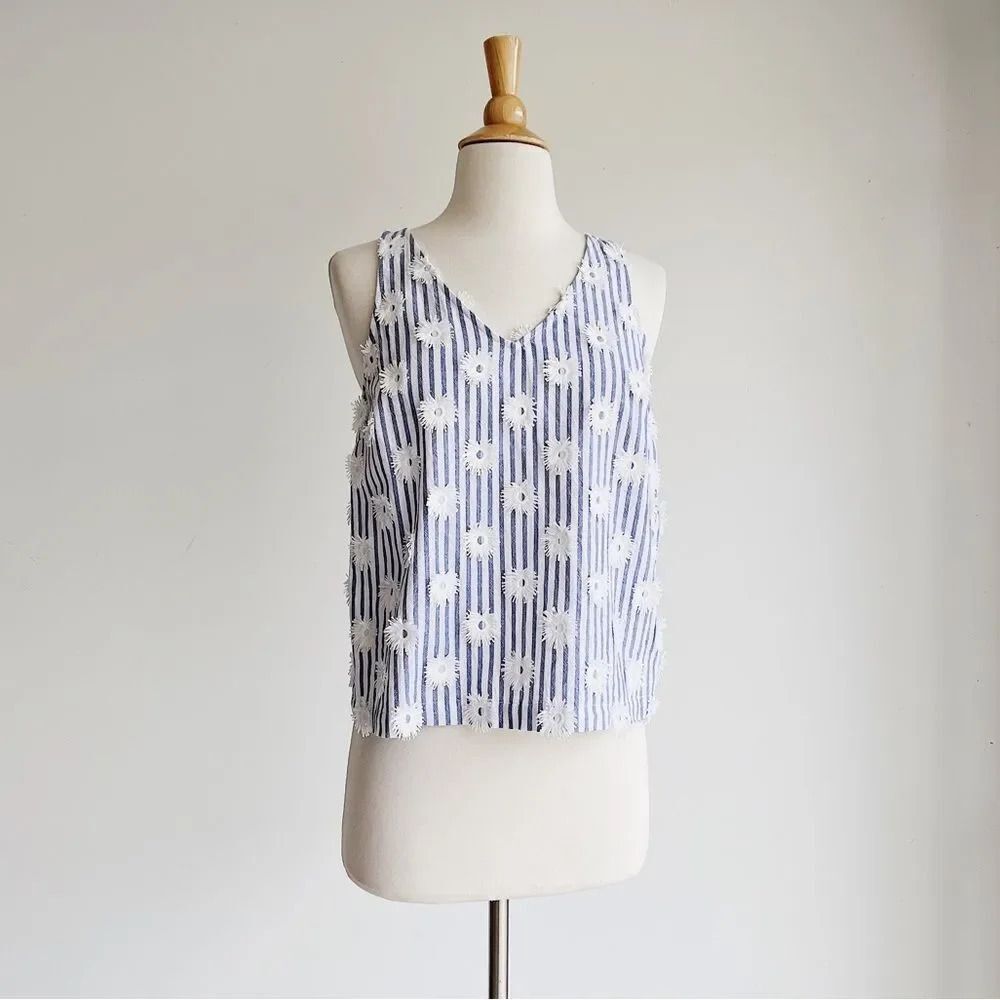 Blue Stripe Embroidered Tank S Sunburst 3D Applique Cotton Summer Top